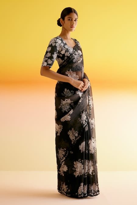 Buy_Amisha Kothari_Black Silk Organza Beads Parijat Floral Print Saree With Unstitched Blouse Piece _Online_at_Aza_Fashions