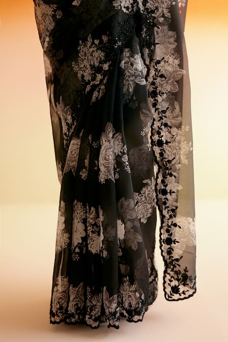 Shop_Amisha Kothari_Black Silk Organza Beads Parijat Floral Print Saree With Unstitched Blouse Piece _Online_at_Aza_Fashions