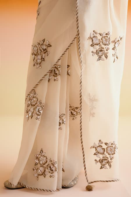 Buy_Amisha Kothari_Ivory , Organza Pushpamala Resham Saree With Unstitched Blouse Piece _Online_at_Aza_Fashions