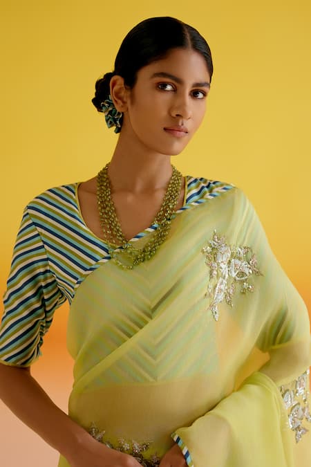 Buy_Amisha Kothari_Green , Pushpamala Floral Resham Saree With Unstitched Blouse Piece _Online_at_Aza_Fashions