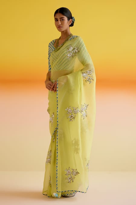 Shop_Amisha Kothari_Green , Pushpamala Floral Resham Saree With Unstitched Blouse Piece _Online_at_Aza_Fashions