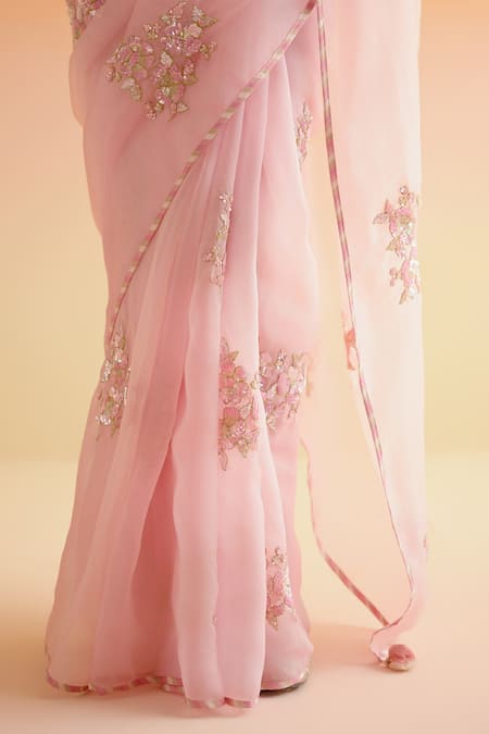 Buy_Amisha Kothari_Pink Silk, Pushpamala Floral Embroidered Saree With Unstitched Blouse Piece _Online_at_Aza_Fashions