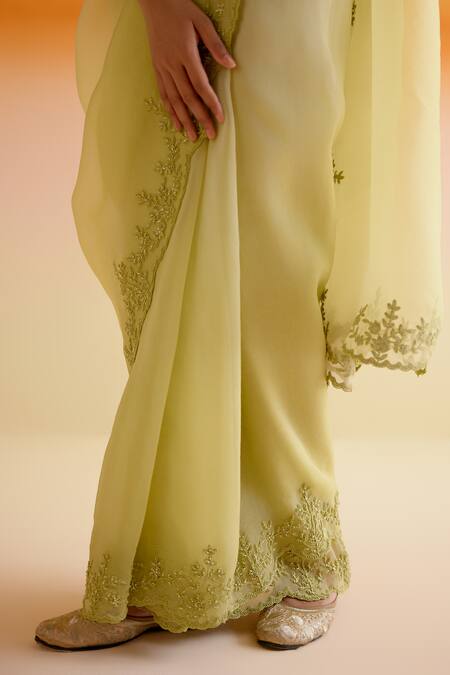 Shop Amisha Kothari Green Silk, Samaira Floral Embroidered Ombre Saree With Unstitched Blouse Piece Online at Aza Fashions Shop_Amisha Kothari_Green Silk, Samaira Floral Embroidered Ombre Saree With Unstitched Blouse Piece _Online_at_Aza_Fashions