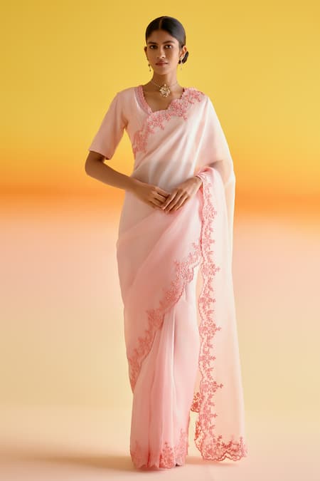 Amisha Kothari Pink Silk Embroidery Floral Samaira Beads Saree With Unstitched Blouse Piece 