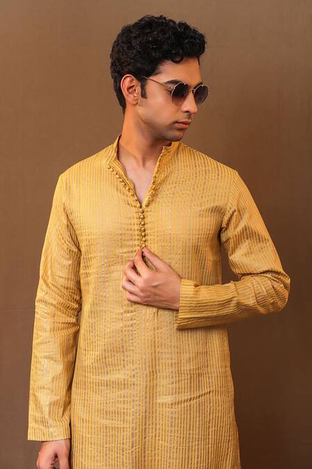 MATI_1 Yellow Cotton Metallic Thread Handwoven Striped Kurta Online at Aza Fashions MATI_1_Yellow Cotton Metallic Thread Handwoven Striped Kurta _Online_at_Aza_Fashions