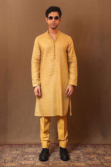 Shop MATI_1 Yellow Cotton Metallic Thread Handwoven Striped Kurta Online at Aza Fashions Shop_MATI_1_Yellow Cotton Metallic Thread Handwoven Striped Kurta _Online_at_Aza_Fashions