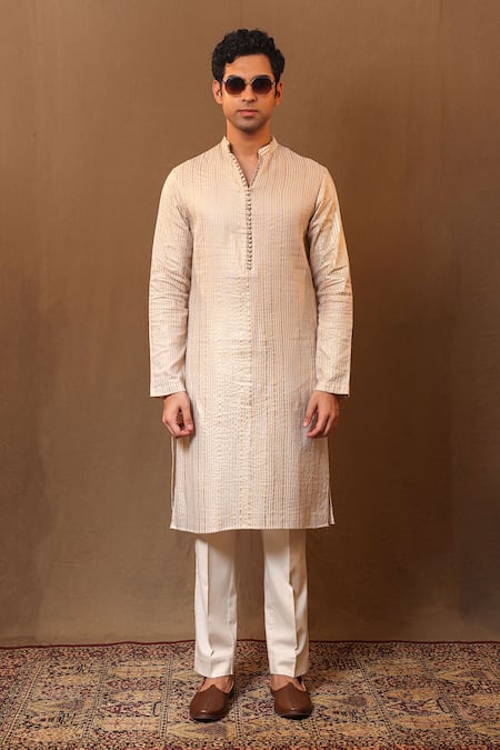 Buy MATI_1 Off White Cotton Metallic Thread Handwoven Striped Straight Kurta Online at Aza Fashions Buy_MATI_1_Off White Cotton Metallic Thread Handwoven Striped Straight Kurta _Online_at_Aza_Fashions