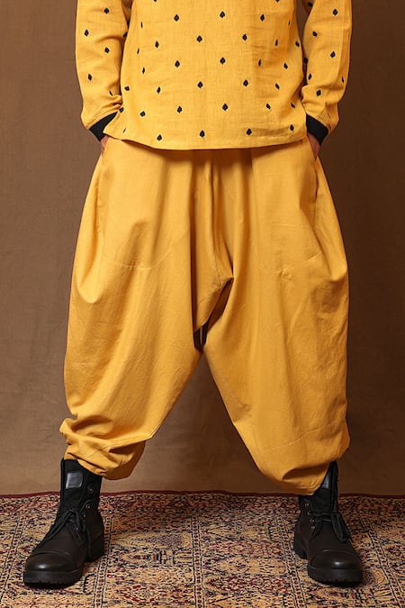 Mati_Yellow Cotton Handwoven Baggy Pant _Online_at_Aza_Fashions