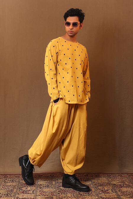Shop_Mati_Yellow Cotton Handwoven Baggy Pant _Online_at_Aza_Fashions