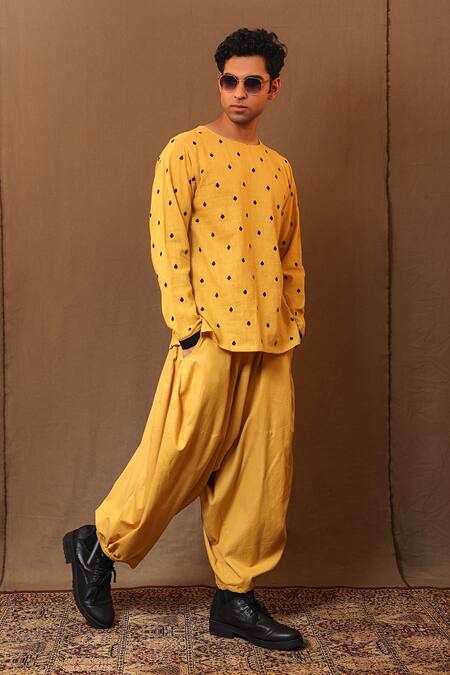 Buy MATI_1 Yellow Cotton Embroidery Spade Short Kurta With Baggy Pant Online at Aza Fashions Buy_MATI_1_Yellow Cotton Embroidery Spade Short Kurta With Baggy Pant _Online_at_Aza_Fashions