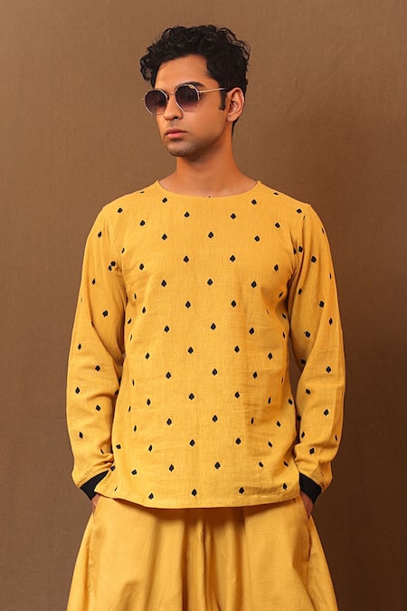 Shop MATI_1 Yellow Cotton Embroidery Spade Short Kurta With Baggy Pant Online at Aza Fashions Shop_MATI_1_Yellow Cotton Embroidery Spade Short Kurta With Baggy Pant _Online_at_Aza_Fashions