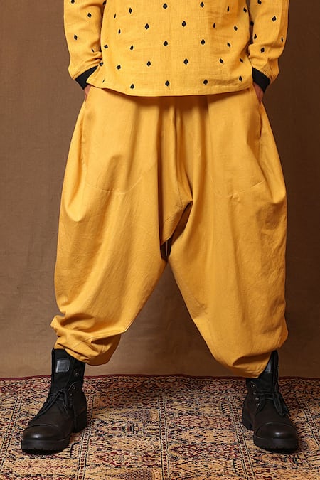 MATI_1 Yellow Cotton Embroidery Spade Short Kurta With Baggy Pant at Aza Fashions MATI_1_Yellow Cotton Embroidery Spade Short Kurta With Baggy Pant _at_Aza_Fashions