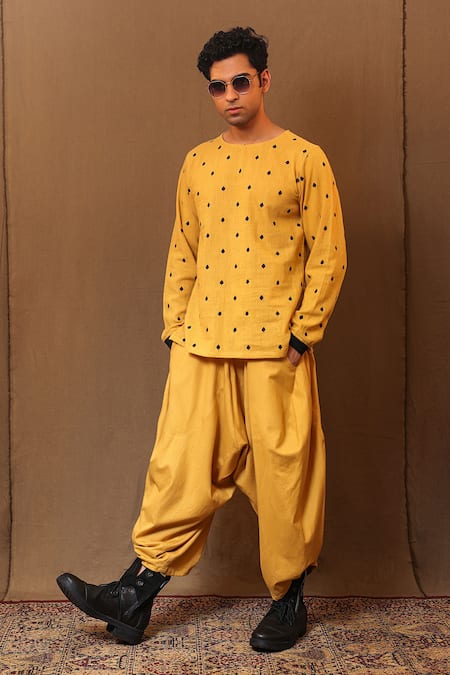 Buy MATI_1 Yellow Cotton Embroidery Handwoven Spade Short Kurta Online at Aza Fashions Buy_MATI_1_Yellow Cotton Embroidery Handwoven Spade Short Kurta _Online_at_Aza_Fashions