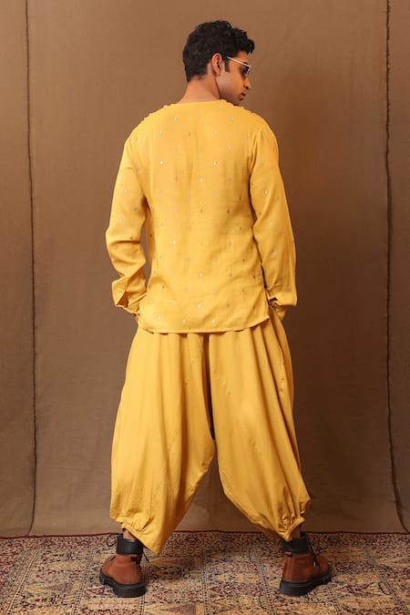 Shop_MATI_1_Yellow Cotton Embroidery Handwoven Spade Overlap Shirt With Baggy Pant _at_Aza_Fashions