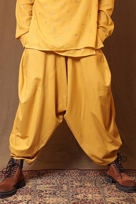 MATI_1_Yellow Cotton Embroidery Handwoven Spade Overlap Shirt With Baggy Pant _Online_at_Aza_Fashions
