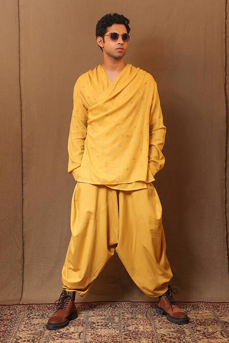 Buy_MATI_1_Yellow Cotton Embroidery Handwoven Spade Overlap Shirt With Baggy Pant _Online_at_Aza_Fashions