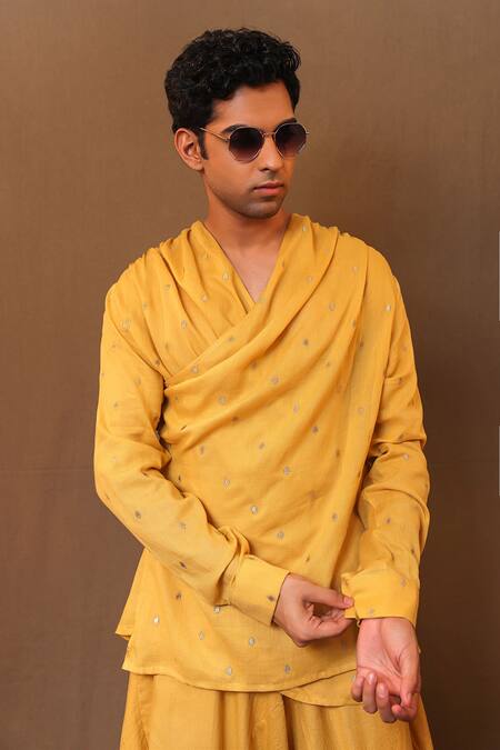 Shop_MATI_1_Yellow Cotton Embroidery Handwoven Spade Overlap Shirt With Baggy Pant _Online_at_Aza_Fashions