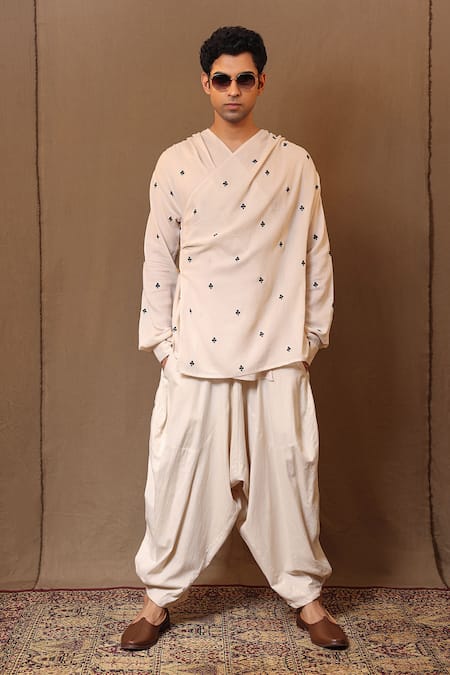 MATI Off White Cotton Embroidery Club Handwoven Overlap Shirt With Baggy Pant 