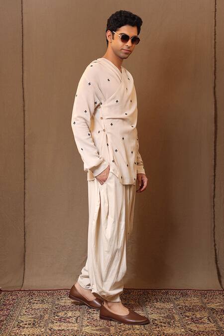 Shop_MATI_1_Off White Cotton Embroidery Handwoven Club Overlap Shirt With Baggy Pant _Online_at_Aza_Fashions