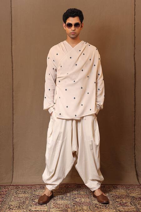 MATI_1_Off White Cotton Embroidery Handwoven Heart Overlap Shirt _Online_at_Aza_Fashions