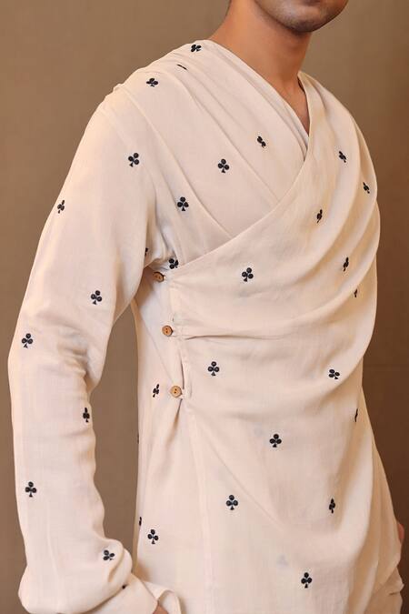 Buy_MATI_1_Off White Cotton Embroidery Handwoven Heart Overlap Shirt _Online_at_Aza_Fashions