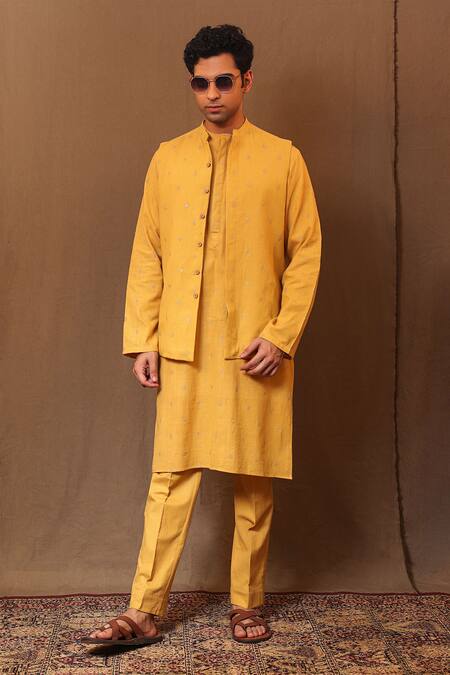 Buy MATI_1 Yellow Cotton Embroidery Handwoven Club Bundi And Pant Set Online at Aza Fashions Buy_MATI_1_Yellow Cotton Embroidery Handwoven Club Bundi And Pant Set _Online_at_Aza_Fashions