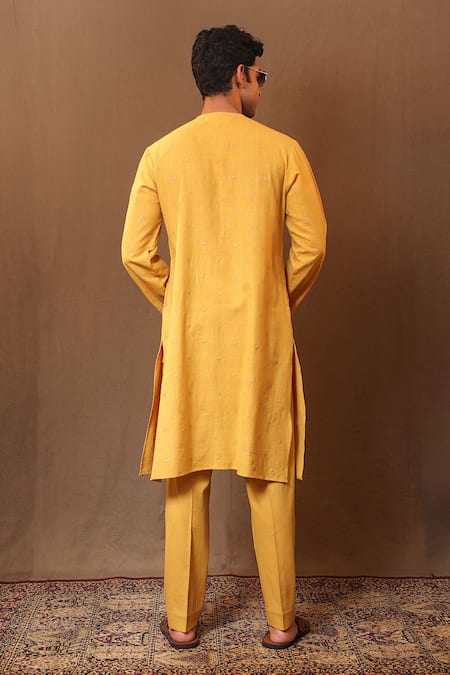 Shop MATI Yellow Cotton Embroidery Handwoven Club Kurta at Aza Fashions Shop_MATI_Yellow Cotton Embroidery Handwoven Club Kurta _at_Aza_Fashions