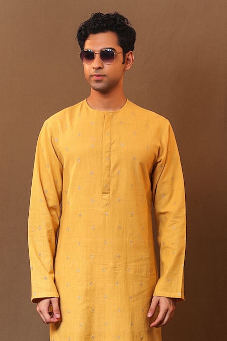 MATI Yellow Cotton Embroidery Handwoven Club Kurta Online at Aza Fashions MATI_Yellow Cotton Embroidery Handwoven Club Kurta _Online_at_Aza_Fashions