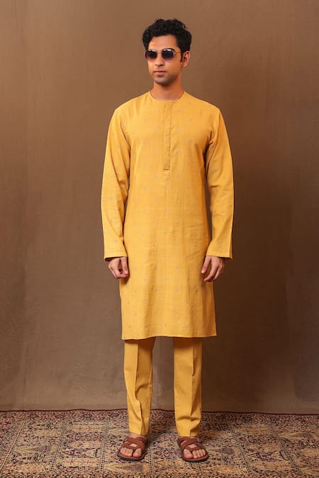 Buy MATI Yellow Cotton Embroidery Handwoven Club Kurta Online at Aza Fashions Buy_MATI_Yellow Cotton Embroidery Handwoven Club Kurta _Online_at_Aza_Fashions