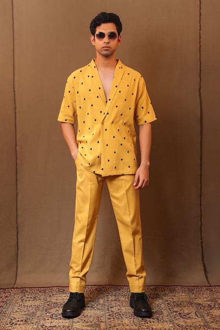 MATI_Yellow Cotton Handwoven Straight Pant _Online_at_Aza_Fashions