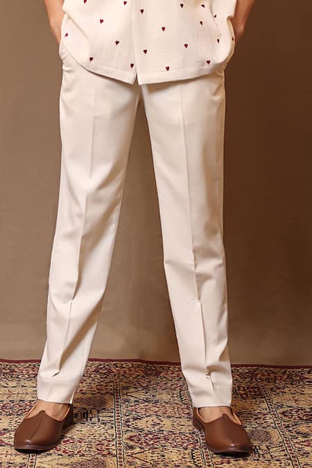 Mati_Off White Cotton Handwoven Solid Straight Pant _Online_at_Aza_Fashions