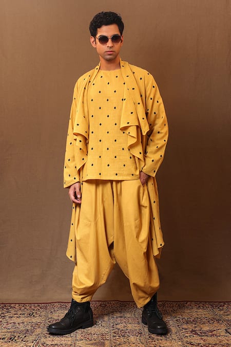 MATI Yellow Cotton Hand Woven Spade Embroidered Jacket Pant Set 