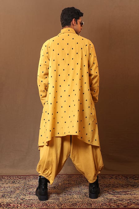 Shop MATI_1 Yellow Cotton Embroidery Spade Jacket Pant Set at Aza Fashions Shop_MATI_1_Yellow Cotton Embroidery Spade Jacket Pant Set _at_Aza_Fashions