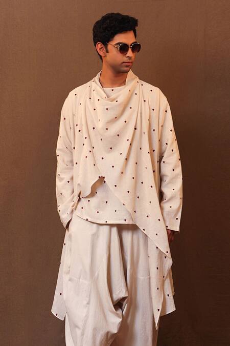 MATI_1_Off White Cotton Embroidery Spade Short Kurta Jacket Set _Online_at_Aza_Fashions