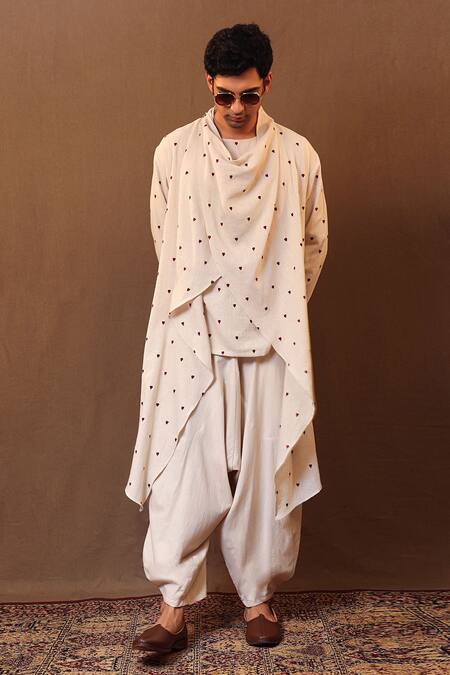 MATI_1_Off White Cotton Embroidery Spade Short Kurta Jacket Set _at_Aza_Fashions