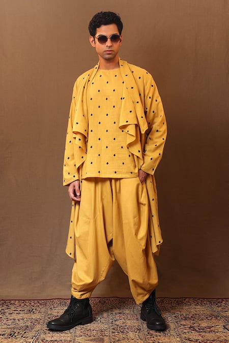 MATI_Yellow Cotton Embroidery Spade Jacket _at_Aza_Fashions