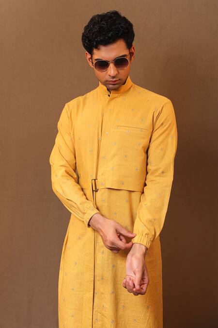 MATI_1 Yellow Cotton Embroidery Zari Belted Kurta With Solid Pant Online at Aza Fashions MATI_1_Yellow Cotton Embroidery Zari Belted Kurta With Solid Pant _Online_at_Aza_Fashions