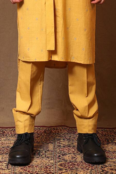 Buy MATI_1 Yellow Cotton Embroidery Zari Belted Kurta With Solid Pant Online at Aza Fashions Buy_MATI_1_Yellow Cotton Embroidery Zari Belted Kurta With Solid Pant _Online_at_Aza_Fashions