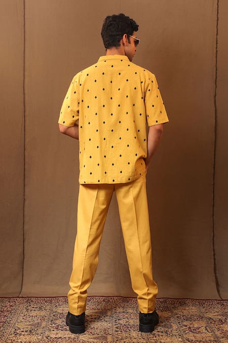 Shop MATI_1 Yellow Cotton Embroidery Spade Jacket With Solid Pant at Aza Fashions Shop_MATI_1_Yellow Cotton Embroidery Spade Jacket With Solid Pant _at_Aza_Fashions