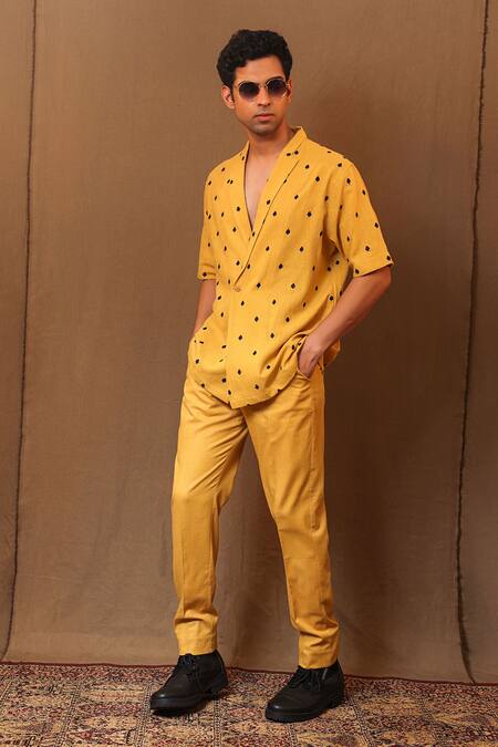 Shop MATI_1 Yellow Cotton Embroidery Spade Jacket With Solid Pant Online at Aza Fashions Shop_MATI_1_Yellow Cotton Embroidery Spade Jacket With Solid Pant _Online_at_Aza_Fashions