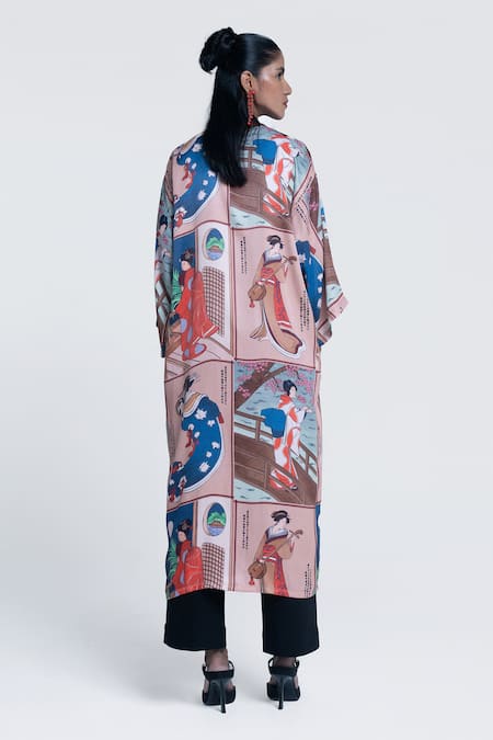 Shop Pocketful Of Cherrie Beige Viscose, Satin Shawl Neck Miko Muse Printed Kimono at Aza Fashions Shop_Pocketful Of Cherrie_Beige Viscose, Satin Shawl Neck Miko Muse Printed Kimono _at_Aza_Fashions
