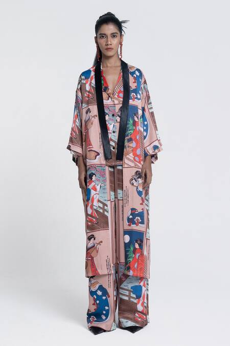 Pocketful Of Cherrie Beige Viscose, Satin Shawl Neck Miko Muse Printed Kimono Online at Aza Fashions Pocketful Of Cherrie_Beige Viscose, Satin Shawl Neck Miko Muse Printed Kimono _Online_at_Aza_Fashions
