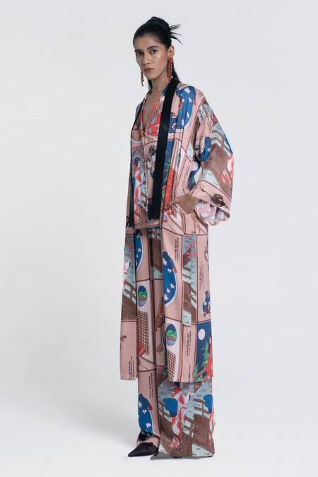 Buy Pocketful Of Cherrie Beige Viscose, Satin Shawl Neck Miko Muse Printed Kimono Online at Aza Fashions Buy_Pocketful Of Cherrie_Beige Viscose, Satin Shawl Neck Miko Muse Printed Kimono _Online_at_Aza_Fashions
