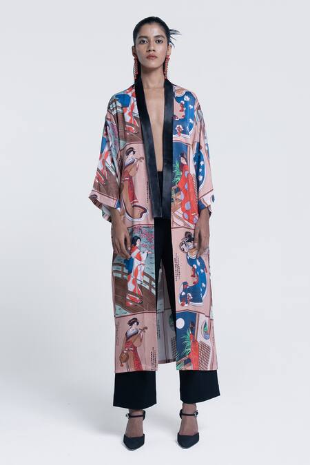 Shop Pocketful Of Cherrie Beige Viscose, Satin Shawl Neck Miko Muse Printed Kimono Online at Aza Fashions Shop_Pocketful Of Cherrie_Beige Viscose, Satin Shawl Neck Miko Muse Printed Kimono _Online_at_Aza_Fashions