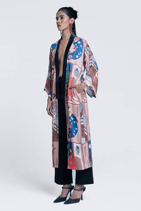 Pocketful Of Cherrie Beige Viscose, Satin Shawl Neck Miko Muse Printed Kimono at Aza Fashions Pocketful Of Cherrie_Beige Viscose, Satin Shawl Neck Miko Muse Printed Kimono _at_Aza_Fashions