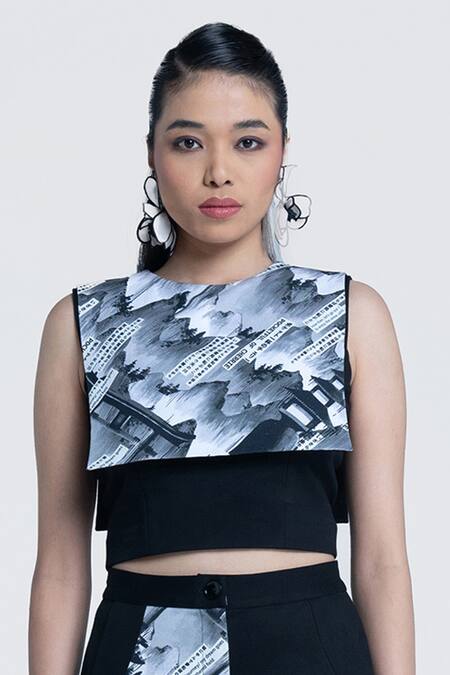 Pocketful Of Cherrie Black Twill, Polyester, Satin Round Neck Sumi Gazette Printed Crop Top Online at Aza Fashions Pocketful Of Cherrie_Black Twill, Polyester, Satin Round Neck Sumi Gazette Printed Crop Top _Online_at_Aza_Fashions
