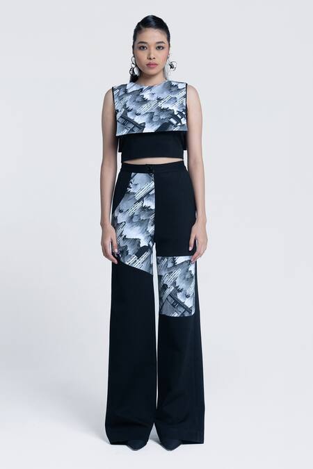 Buy Pocketful Of Cherrie Black Twill, Polyester, Satin Round Neck Sumi Gazette Printed Crop Top Online at Aza Fashions Buy_Pocketful Of Cherrie_Black Twill, Polyester, Satin Round Neck Sumi Gazette Printed Crop Top _Online_at_Aza_Fashions
