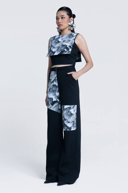 Shop Pocketful Of Cherrie Black Twill, Polyester, Satin Round Neck Sumi Gazette Printed Crop Top Online at Aza Fashions Shop_Pocketful Of Cherrie_Black Twill, Polyester, Satin Round Neck Sumi Gazette Printed Crop Top _Online_at_Aza_Fashions