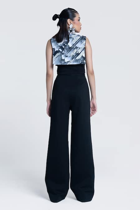 Shop Pocketful Of Cherrie Black Twill, Polyester Sumi Gazette Printed Trouser at Aza Fashions Shop_Pocketful Of Cherrie_Black Twill, Polyester Sumi Gazette Printed Trouser _at_Aza_Fashions