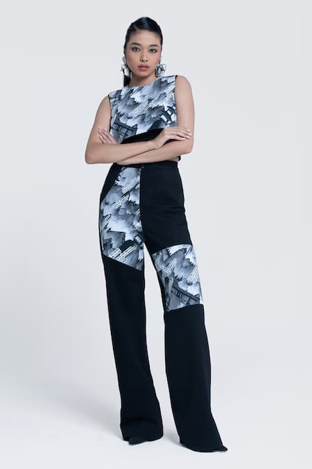 Shop Pocketful Of Cherrie Black Twill, Polyester Sumi Gazette Printed Trouser Online at Aza Fashions Shop_Pocketful Of Cherrie_Black Twill, Polyester Sumi Gazette Printed Trouser _Online_at_Aza_Fashions